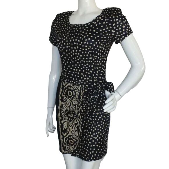 New ELISSE Mini Dress, XS/2, Polka Dot, Fold over, Knot, Blue/Tan, VINTAGE - Picture 5 of 14